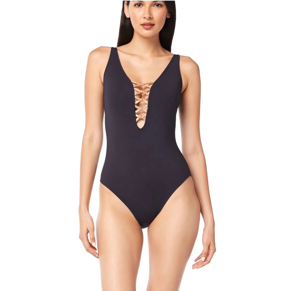 Bleu Rod Beattie Lace Up Plunge One Piece‎ Swimsuit Women Size 6 Black